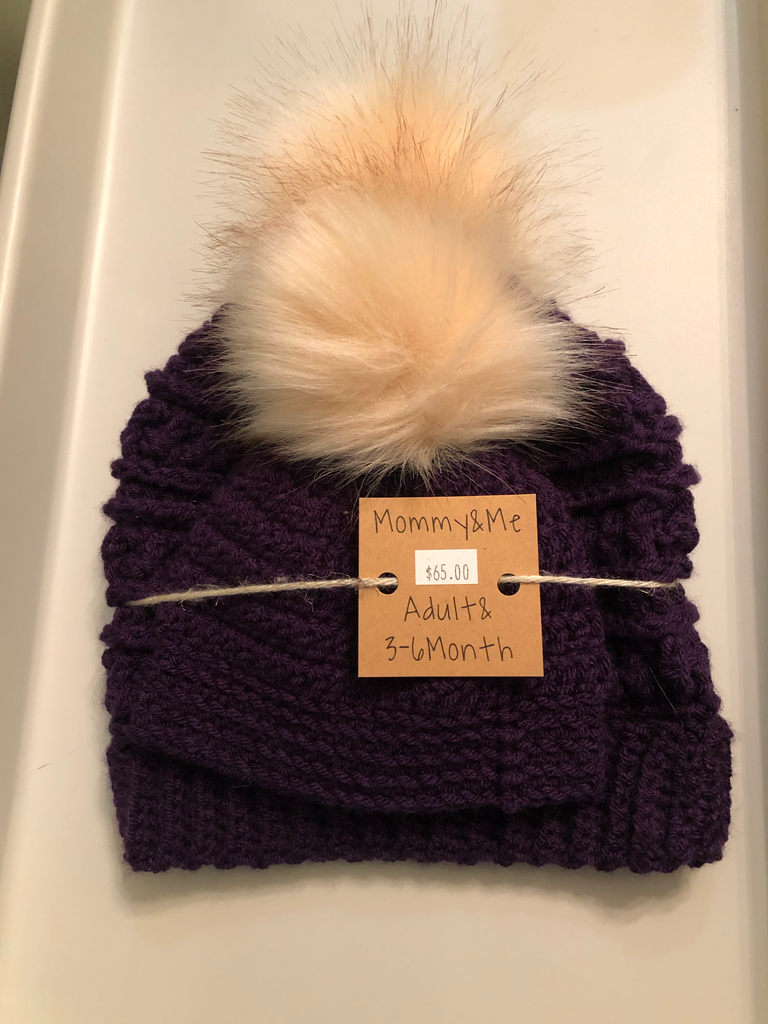 Mommy & Me, Adult & 3-6 Month Knit Hat with Pom Pom Set
