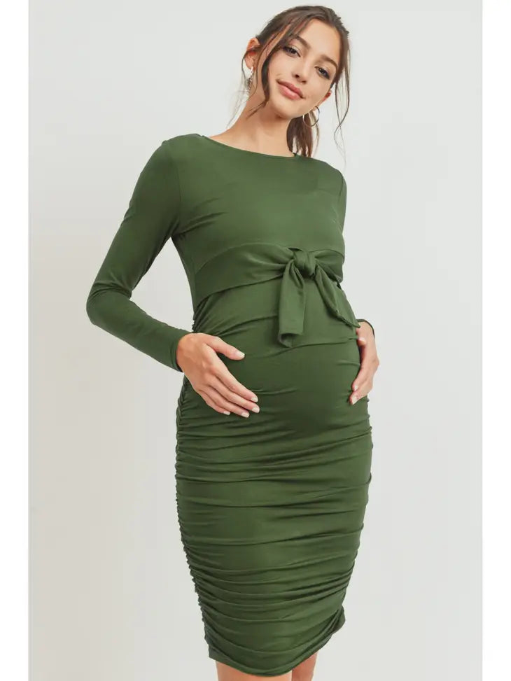 Hello Miz Tie Front Bodycon Maternity Nursing Dress Olive Large