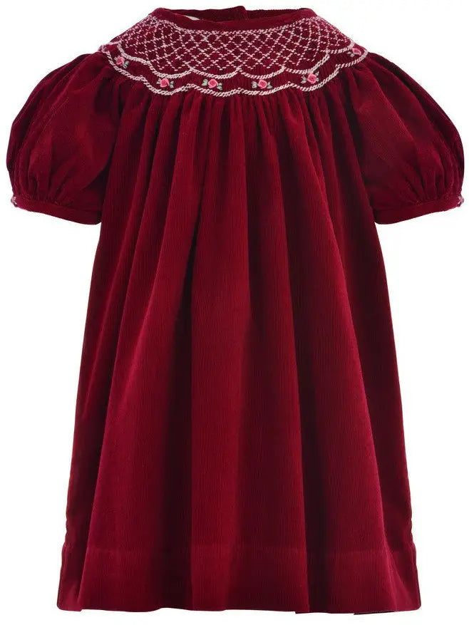 Julius Berger & Carriage Boutique Baby Girls Maroon Corduroy Bishop Short Sleeve Dress