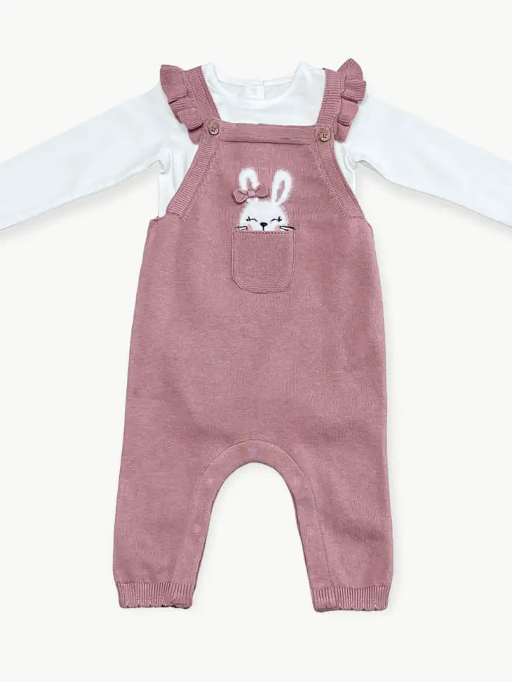 Viverano Organics Bunny Peekaboo Ruffle Baby Girl Knit Overall Set