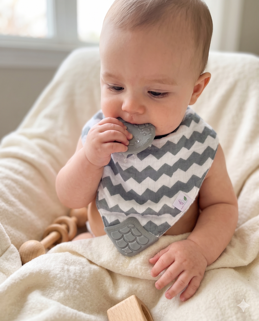 Healthy Horizons  Cotton muslin bib with teether on baby
