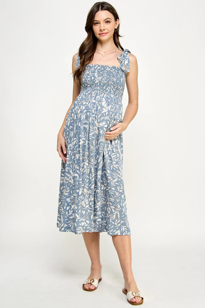 Hello Miz Light Blue Smocked Sleeveless Maternity Midi Dress