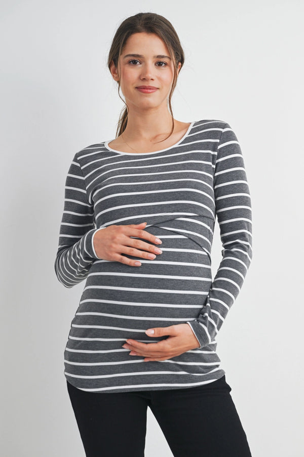Hello Miz Striped Double Layer Long Sleeve Maternity Nursing Knit Top