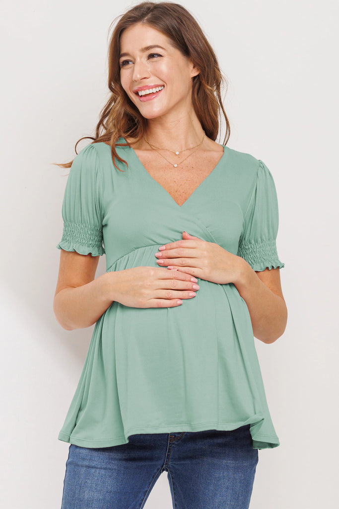 Hello Miz Surplice Smocked Sleeve Maternity Nursing Top