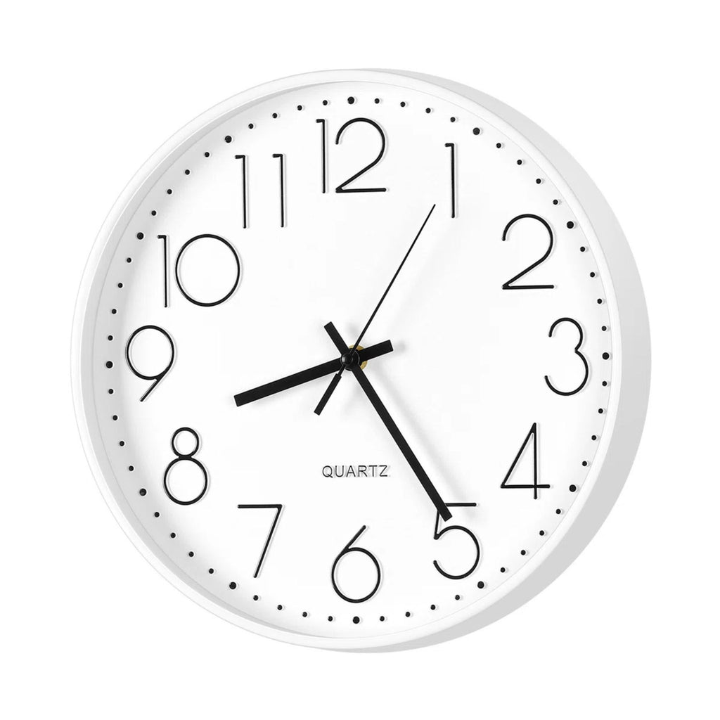 A minimalist white quartz wall clock with black Arabic numerals, black hands, and a thin white frame, shown against a plain white background.
