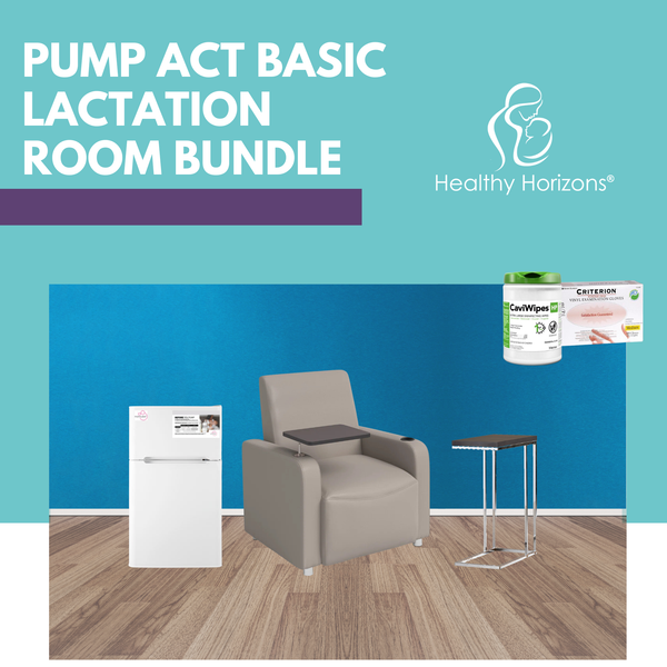 Promotional graphic for the Healthy Horizons Pump Act Basic Lactation Room Bundle, showing a white refrigerator with a built in freezer, a beige recliner chair, and a small side table against a blue wall, with product packaging for the items and large text reading 'PUMP ACT BASIC LACTATION ROOM BUNDLE'.