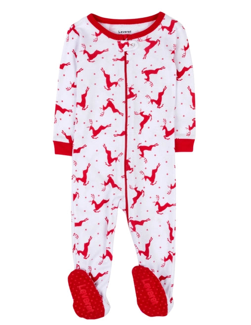 Leveret Pajamas Footed Cotton Pajama Red & White Reindeer Christmas