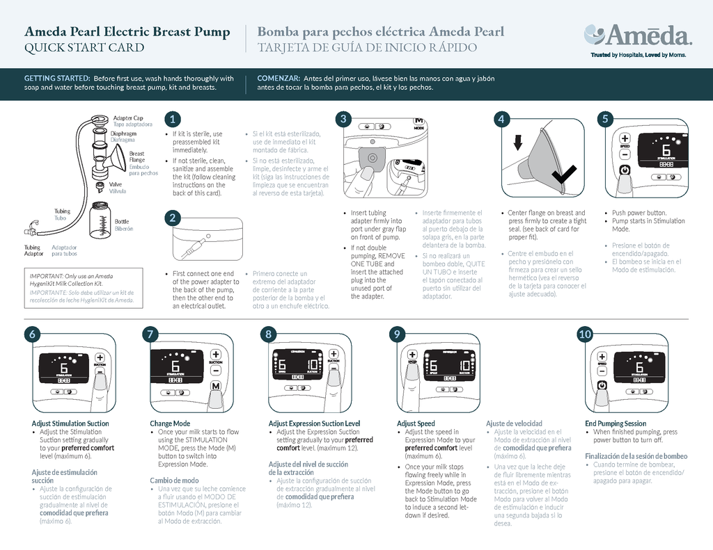 Ameda Pearl Quick Start & Troubleshooting Breast Pump Guide
