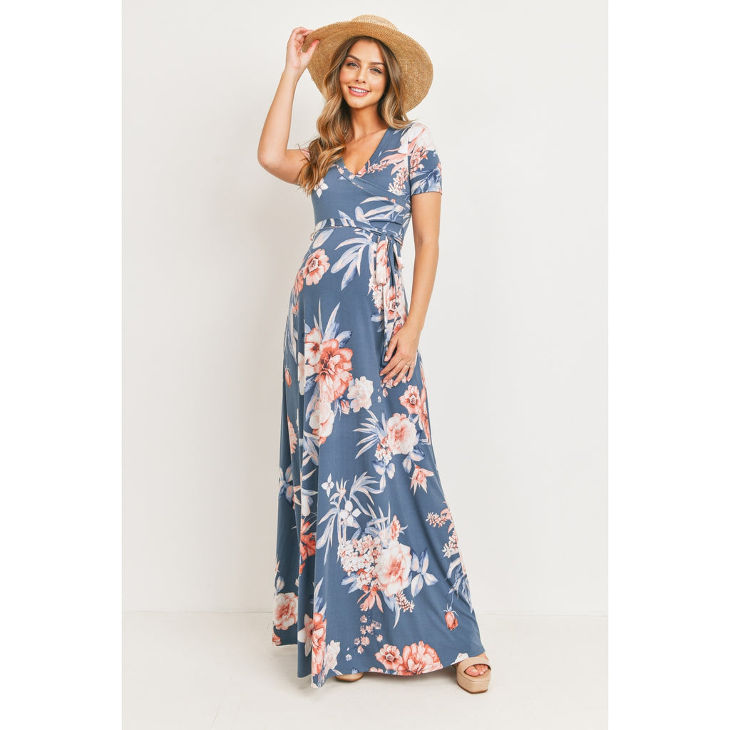 Floral Side Tie Maternity Nursing Long Dress in Blue - Healthy Horizons Breastfeeding Centers, Inc.