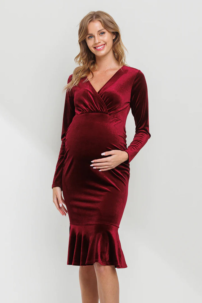 Hello Miz Maternity Long Sleeve V Neck Ruched Velvet Dress - Burgundy - Medium - Burgundy Hello Miz Maternity Long Sleeve V Neck Ruched Velvet Dress - Burgundy - Medium - Burgundy