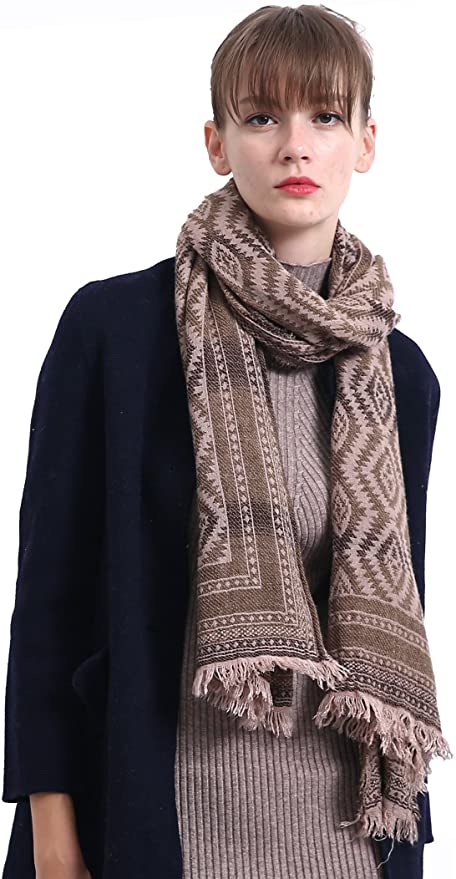 Wool Scarf for Women Brown Gradient Color Shawl with Tassel Chunky Wrap