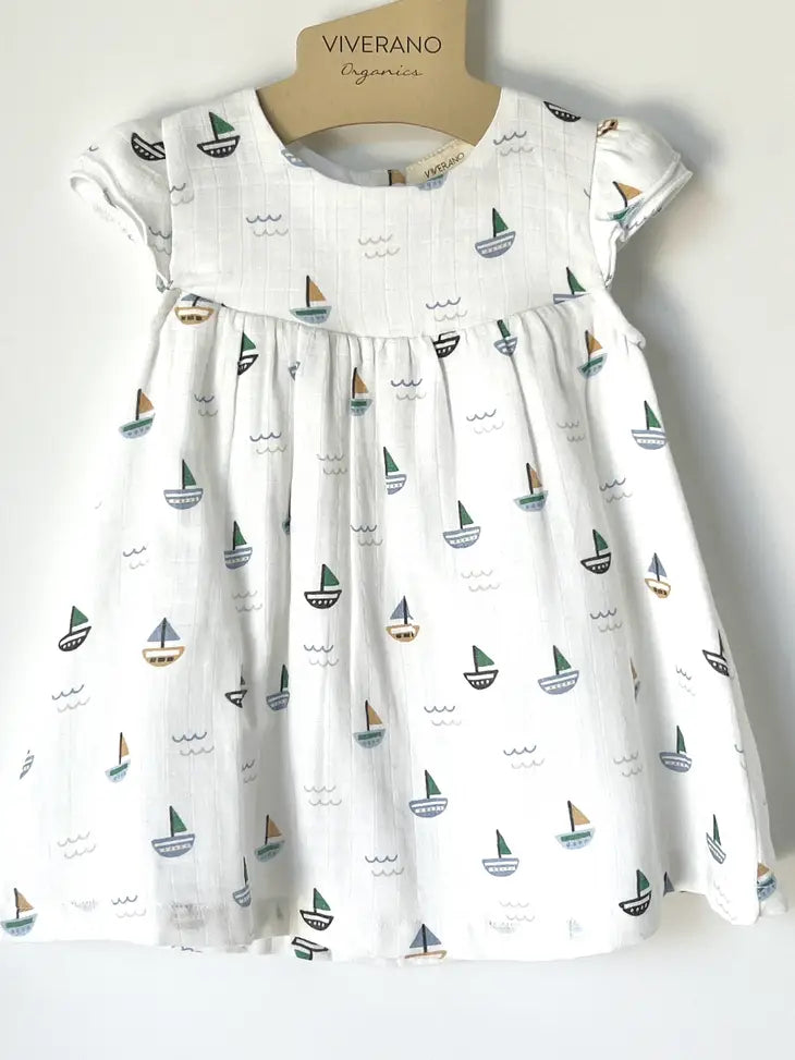 Viverano Organics Organic Muslin Sailboat Cap Sleeve Baby Dress & Bloomer Set