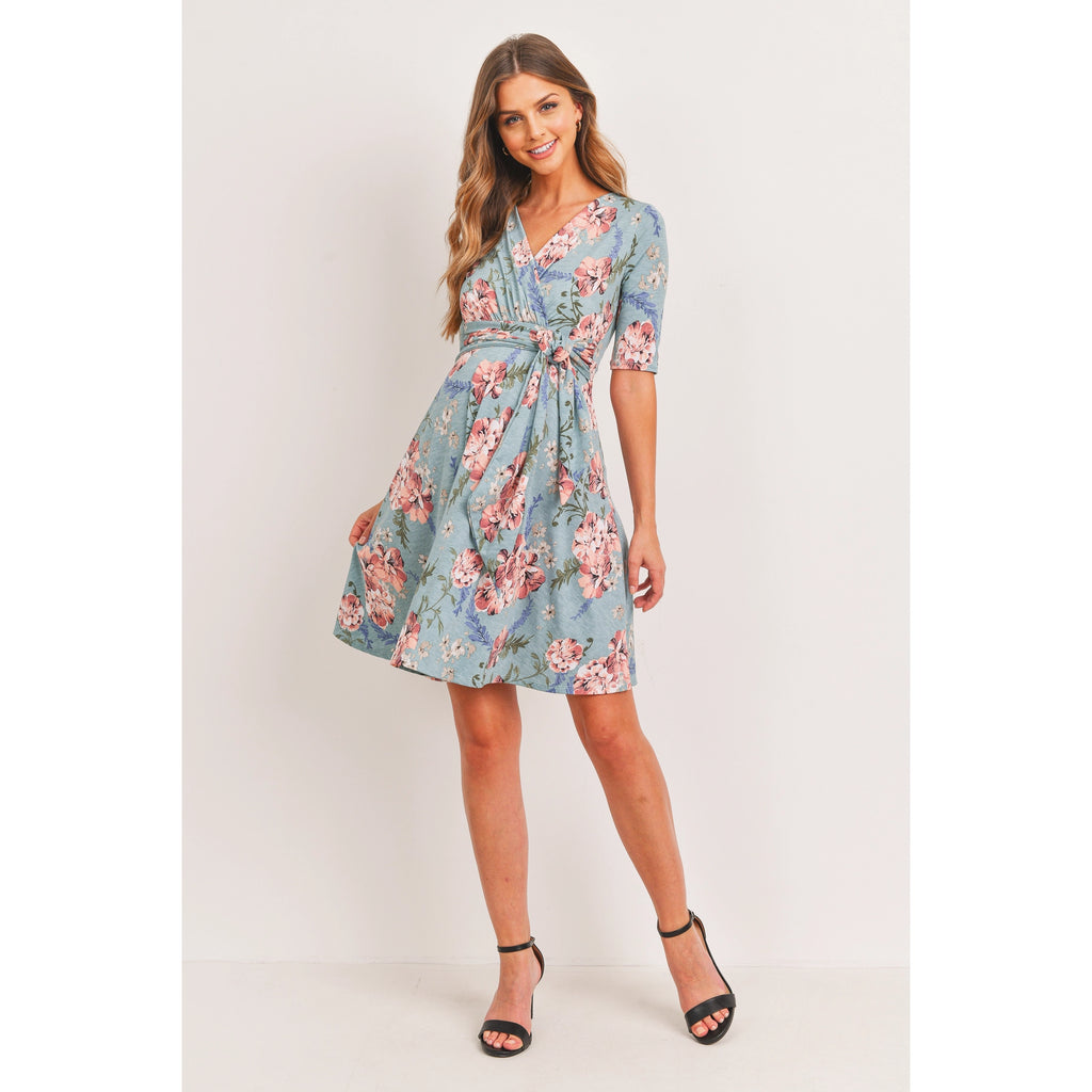 Above the Knee Floral Side Tie Maternity Nursing Dress in Light Blue - Healthy Horizons Breastfeeding Centers, Inc.